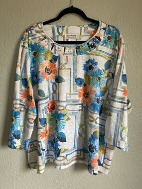 Alfred Dunner Floral Scoop Neck Long Sleeve Top in Blue, Coral & Cream